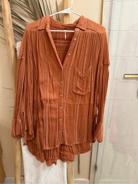 Free People Rust  Button-down Gauze Tunic Shirt